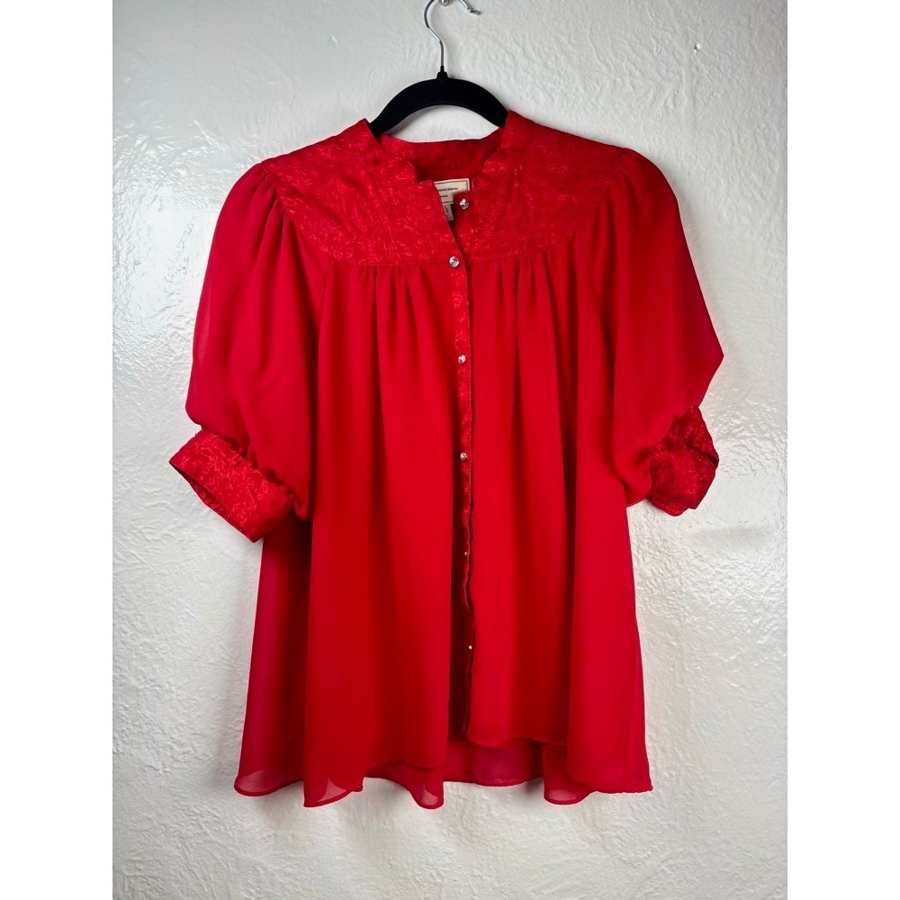 Moulinette Soeurs Blouse Womens 6 Red Jacquard Sheer Puff Sleeve Romantic Flowy